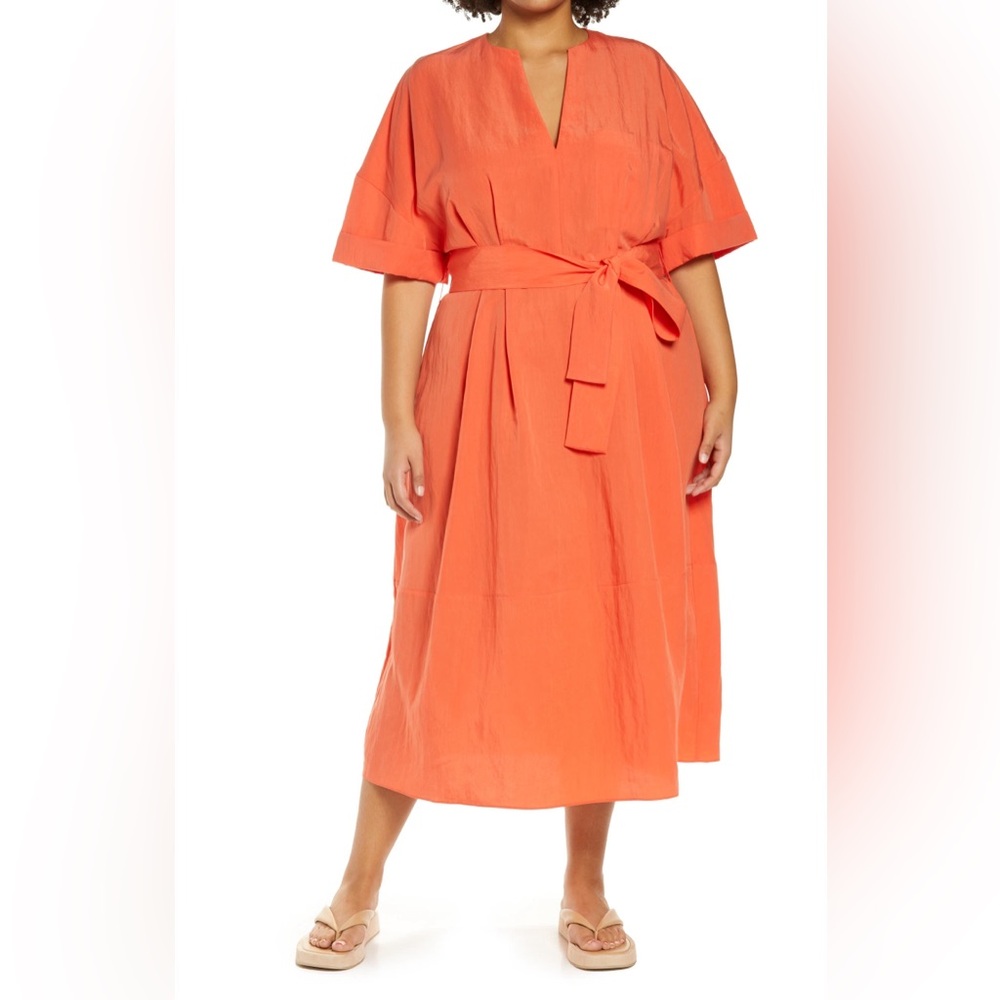 Vince Cuff Sleeve Belted Midi  Vibrant Orange  dress with Belt Large